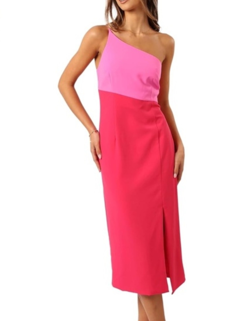 Petal & Pup Two-Tone Pink One-Shoulder Midi Dress